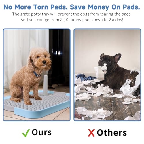 CUHIOY Dog Potty Tray Toilet 20"x14" - Indoor Pee Pad Holder with 8pcs Training Pads, Puppy Mesh Potty with Secure Latch for Small Medium Puppies - Blue - color: Blue