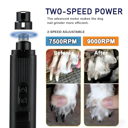 Quiet Dog Nail Grinder, Safe & Stress-Free for Sensitive Dogs Cats of All Breeds & Sizes, 3 Grinding Bits, 2-Speed, Pet Nail Trimmers, Rechargeable Painless Grooming Kit