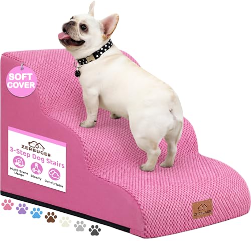 Zerbuger Dog Ramp and Stair for Bed 16" H-20 H,3-Step Cat Stair for Sofa and Chair,4-Step Dog Ramp for High Bed and Window,Durable Nonslip Fabric Cover for Indoor (Pink-16 H, Pet Friendly, 3) - color: Pink