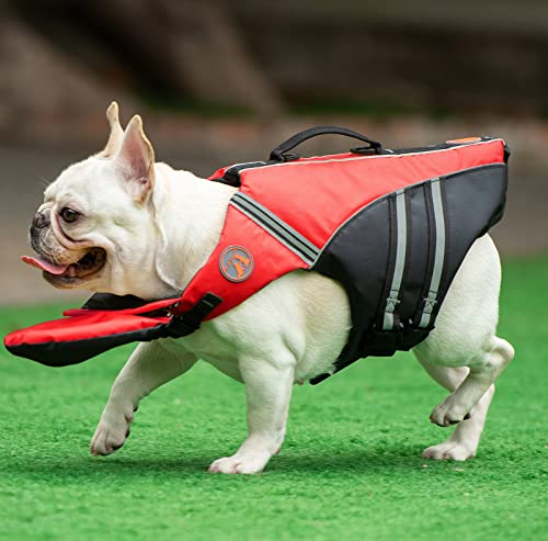 Dog Life Jacket, French Bulldog Life Vest for Swimming Boating, Dog Swim Vest with Chin Float and Rescue Handle, High Flotation Puppy Life Jackets (Chest Girth: 17" to 30", Weight: 17" to 28" LB) - color: Bright Red