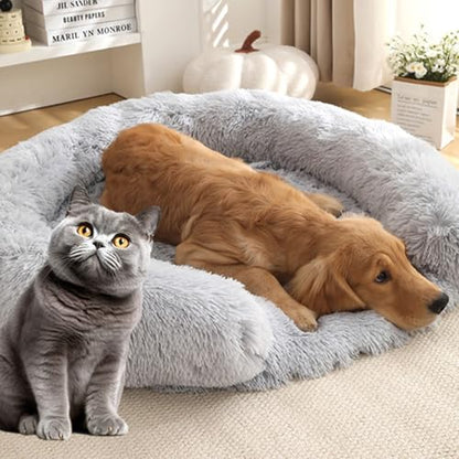Fluffy Dog Bed for Large Dogs - C-Shaped Dog Bed Mat with Waterproof Lining Removable Cover, Washable and Non-Slip Bottom (Lilac, XL) - color: Lilac, size: 35.4x35.4x3.9 in