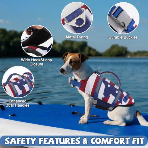 EMUST Dog Life Vests, Adjustable XS Dog Life Jacket with Rescue Handle, Puppy Flotation Vest for Small/Medium/Large Dogs, XS, FlagStar - color: FlagStar, size: XS