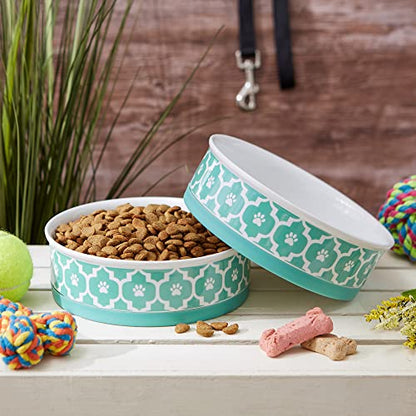 Bone Dry Paw Print Ceramic Pet Bowl, Lattice Collection, Large Set, 7.5x2.4", Aqua, 2 Count - color: Aqua, size: Large Set, 7.5x2.4"