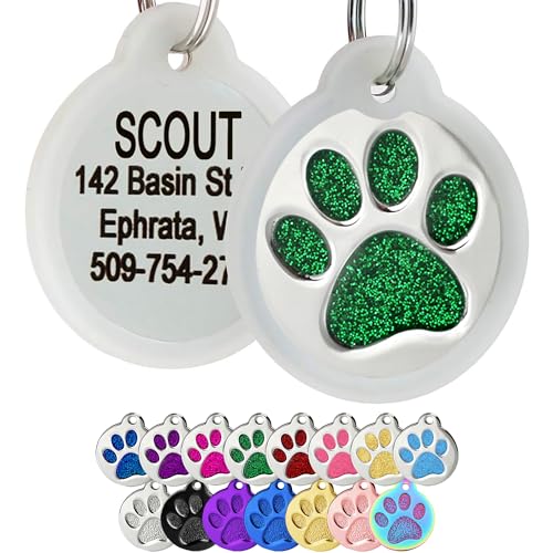 GoTags Paw Print Round Stainless Steel Pet Tag for Dogs and Cats, Personalized with 4 Lines of Custom Engraved ID with Silencer, in Stainless Steel and 15 Colors Small and Large, Glitter Green - color: Glitter Green, size: Large w/ Silencer
