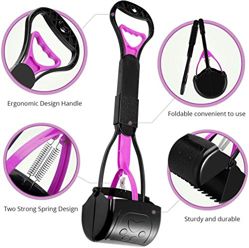 Pet Pooper Scooper, 24" Long Handle Portable Poop Scooper for Large and Small Dogs Cats, Foldable Dog Poop Pick Up Tool, Sturdy Garbage Rake Picker for Garden Backyard Grass Dirt Gravel (Pink) - color: Pink