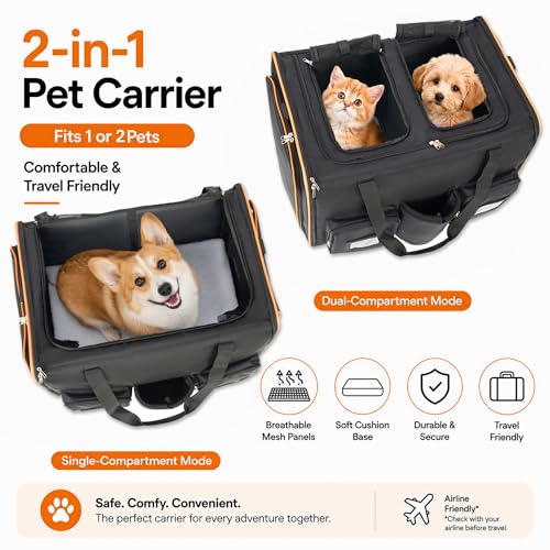 2 in 1 Large Cat Carrier for 2 Cats, Rolling Pet Carrier with Wheels, Expandable Foldable Double Pet Carrier with Removable Divider, Cat Travel Crate for Car/Camping/Vet, Black
