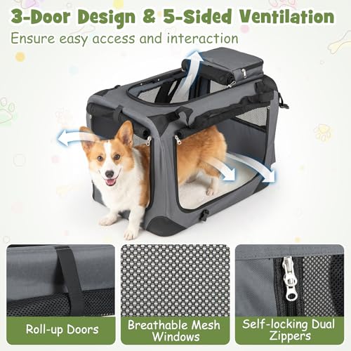 Giantex Folding Soft Dog Crate, 24 Inch Foldable Portable Dog Kennel for Small Dogs Puppy Cats, Collapsible Soft-Sided Pet Travel Crate with 5-Sided Mesh, 3 Doors, Washable Mat & Storage Pockets - size: 24.0"L x 17.0"W x 17.0"H