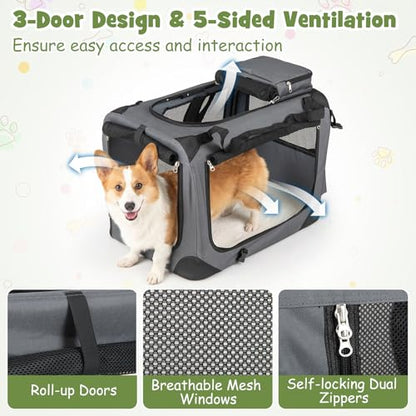 Giantex Folding Soft Dog Crate, 24 Inch Foldable Portable Dog Kennel for Small Dogs Puppy Cats, Collapsible Soft-Sided Pet Travel Crate with 5-Sided Mesh, 3 Doors, Washable Mat & Storage Pockets - size: 24.0"L x 17.0"W x 17.0"H