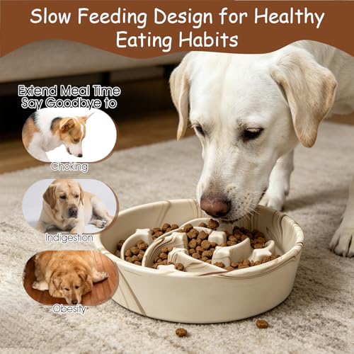 Slow Feeder Dog Bowls Ceramic– 2 Cup Slow Feeding Bowl for Small and Medium Breed, Puzzle Dog Food Bowl for Fast Eater,Brown Marble Pattern