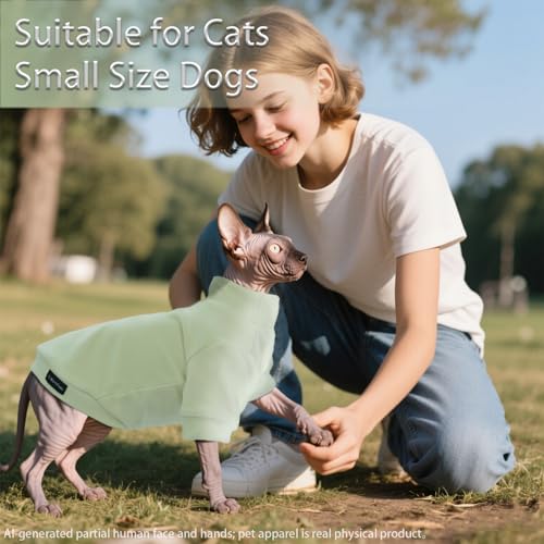 Sphynx Cat Clothes Fleece Pullover Sweater | Soft warm fleece, covers belly. Stretchy, easy on. Washes well. For small dogs & cats: daily walks, naps, AC rooms. - color: PGreen, size: X-Large
