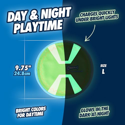 Chuckit! Max Glow Paraflight Flying Disc Dog Toy - Water Floating Flyer - Durable Nylon Construction with Soft Rubber Edges - For Medium and Large Dogs - Size Large - 9.75" L x 9.75" W - Pack of 1 - color: Green/Max Glow, size: Large