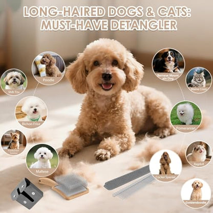 Large Slicker Brush, 2PCS Doodle Grooming Kit with Comb, Natural | With two leather protective covers; ideal for Poodles, Labradoodles; extra long pin; premium wooden handle; removes mats. - color: Natural