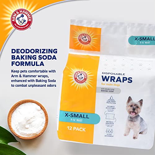 Arm & Hammer X-Small Male Dog Wraps, Disposable Belly Band Diapers with Baking Soda Odor Control, Super Absorbent Leak Resistant Design for Marking and Incontinence, 9-14 Inch Waist, 12 Count - size: X-Small