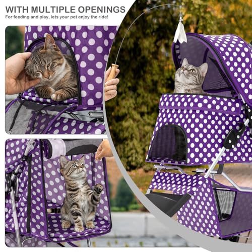 MoNiBloom 3 Wheels Pet Dog Cat Stroller for Small Medium Dogs Cats, Foldable Jogger Stroller w/Storage Basket and Cup Holder, Purple Polka Dots - color: Purple Polka Dots