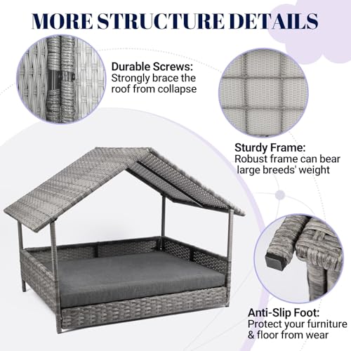 Heeyoo Wicker Dog House, Elevated Rattan Dog Bed with Canopy, Large Dog House Outdoor with Water Resistant Cushion, Outside Rattan Dog House for Dogs with Protective Cover, Grey