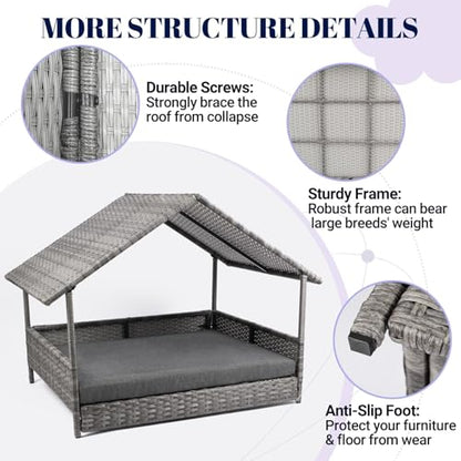 Heeyoo Wicker Dog House, Elevated Rattan Dog Bed with Canopy, Large Dog House Outdoor with Water Resistant Cushion, Outside Rattan Dog House for Dogs with Protective Cover, Grey