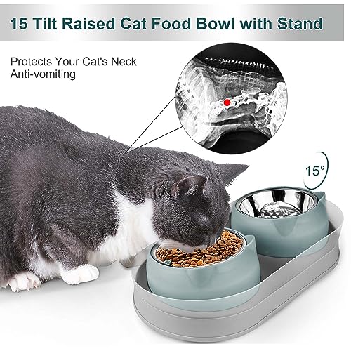 Elevated Raise Tilted Cat Food Bowls,with Stand Stainless Steel, Anti Vomiting, Double Cat Food and Water Bowl Set (Grayblue) - color: Grayblue