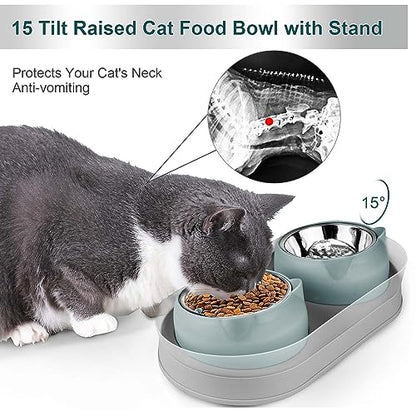 Elevated Raise Tilted Cat Food Bowls,with Stand Stainless Steel, Anti Vomiting, Double Cat Food and Water Bowl Set (Grayblue) - color: Grayblue