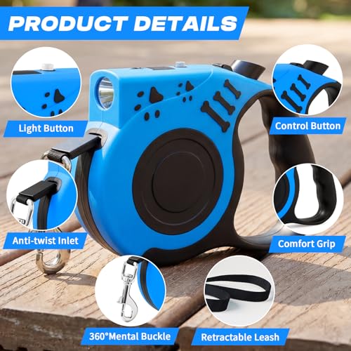 Retractable Dog Leash with USB Rechargeable Flashlight for Night Walks, 16FT Automatic Telescopic Tractor Dog Leash for Small and Medium Dogs, Blue - color: Blue