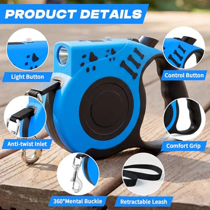 Retractable Dog Leash with USB Rechargeable Flashlight for Night Walks, 16FT Automatic Telescopic Tractor Dog Leash for Small and Medium Dogs, Blue - color: Blue