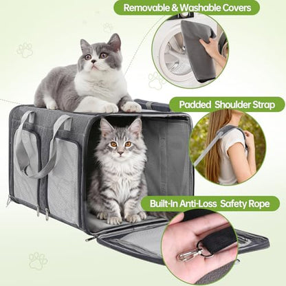 Cat Carrier for 2 Cats - Double Pet Carrier Extra Large, Dual Cabin Multi Cat Travel Carrier with Removable Divider, Collapsible, Can Hold 20 30 40 lbs for Two Small Kitten, a Medium Dog Gray - color: Gray
