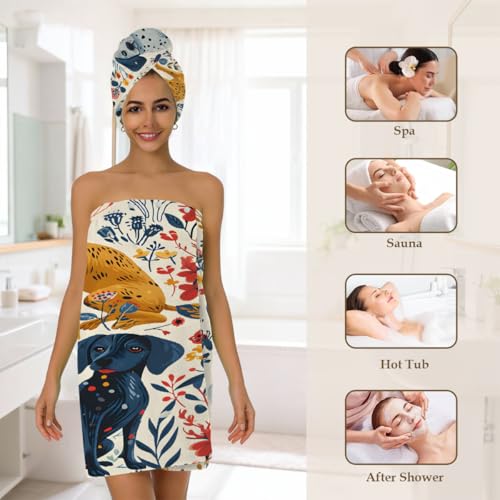 Dogs Flowers Microfiber Bathrobe and Hair Towel Wrap Set for Women Quick Dry Shower Towels Wrap Absorbent Soft Bath Robe and Hair Drying Cap for Spa After Shower