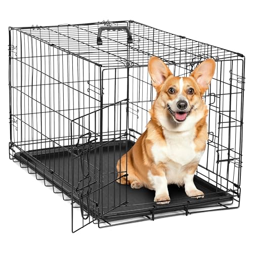 36 Inch Large Double Door Dog Crate for Pets with Divider Panel, Folding Metal Wire Kennel with Leak-Proof Tray, Secure Latches for Medium Dogs, Ideal for Training & Travel - color: Black/Double Door, size: 36.6"L x 22.6"W x 24.2"H