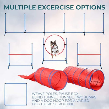 Dog Agility Training Equipment Set - Premium Exercise Set with Jump, Hurdle, Blind, Standard Tunnel, and Weave Poles - Easy Carry Case Included