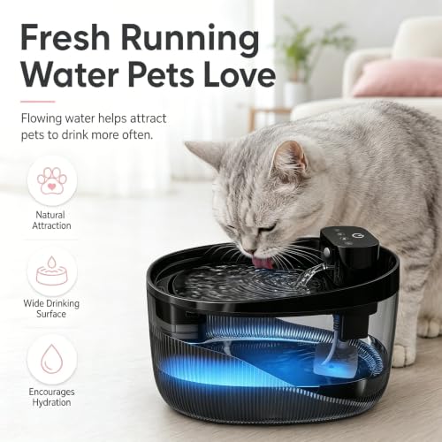 Cordless Cat Water Fountain, Pet Drinking Dispenser with LED Light, 4000mAh Battery Operated, 74oz/2.2L Wireless Fountain for Cats, Dogs and Small Pets (Black Water Fountain)