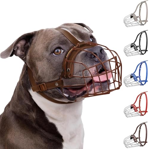 BRONZEDOG Pitbull Dog Muzzle Breathable Metal Basket for Large Dogs Amstaff Staffordshire Terrier Biting Chewing Barking (Nylon, Brown) - color: Nylon, Brown