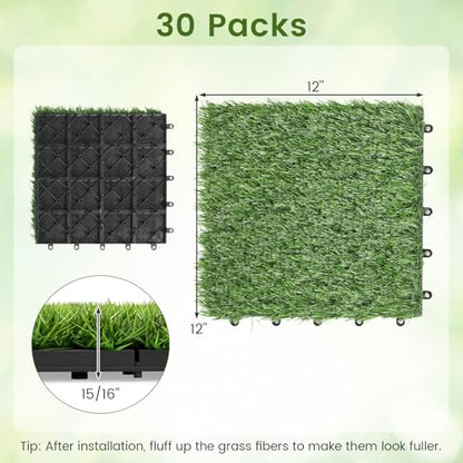 Giantex Artificial Grass Interlocking Deck Tiles, 30 PCS Fake Turf Flooring with Drainage Base, Snap-Together Outdoor Grass Tiles for Patio, Balcony, Poolside, Dog Potty Area & Indoor Outdoor Decor