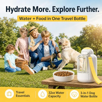 Dog Water Bottle with Food Container, 32oz Leak-Proof 3-in-1 Portable Dog Travel Water Bottle with 10oz Food Storage, Twist Dispensing Pet Water Dispenser for Walking Hiking Camping, White
