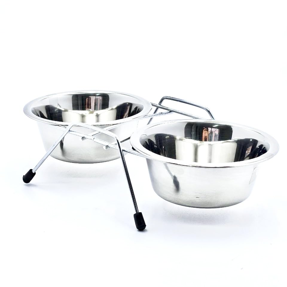 Pet Bowls for Dogs and Cats, with 2 Bowls, Iron Stand Base, Double Bowl Stand, Two Steel Removable (14oz) - size: 14oz