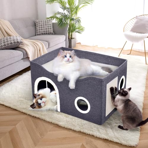 Heeyoo Cat House for Indoor Cats - Large Cat Bed Cave with Fluffy Ball and Scratch Pad, Foldable Cats Houses & Condos, Cat Hideaway, Covered Kitty Bed for Multi Small Large Kitty, 23.8x15.9x13.2 Inch - style: Without heat pad