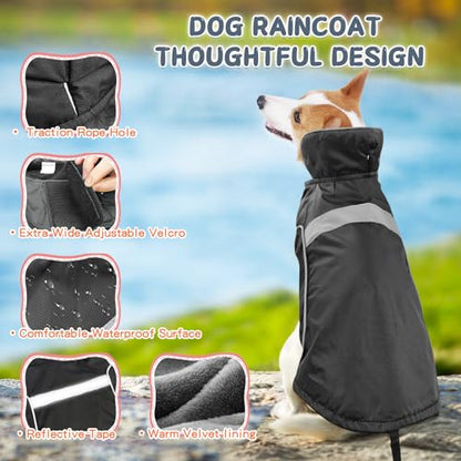 Waterproof Dog Raincoat Dog Winter Jacket Lightweight Windproof Dog Rain Coat with Velvet Inner, Adjustable Wider Velcro, Leash Hole, Reflective Stripes for Small Medium Large Dogs (Black, L)
