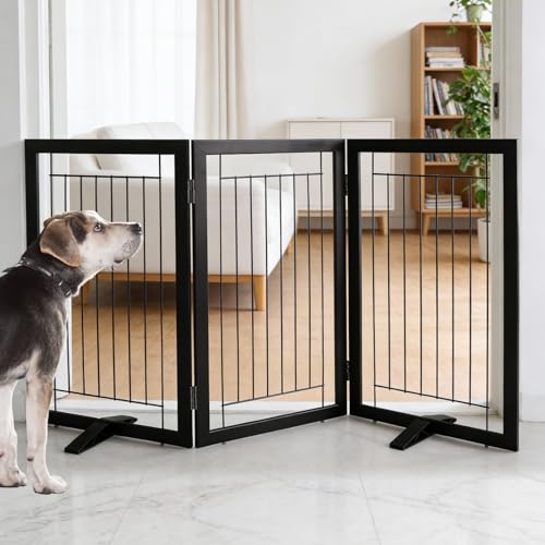 Dog Fence Indoor - 3-Panel Freestanding Dog Gate for Doorways, Hallways, House or Stairs -60x32-Inch Retractable Foldable Expandable Wood Pet by SFJC (Black) - color: Black, size: 【3 Panels】60''w X 32''h