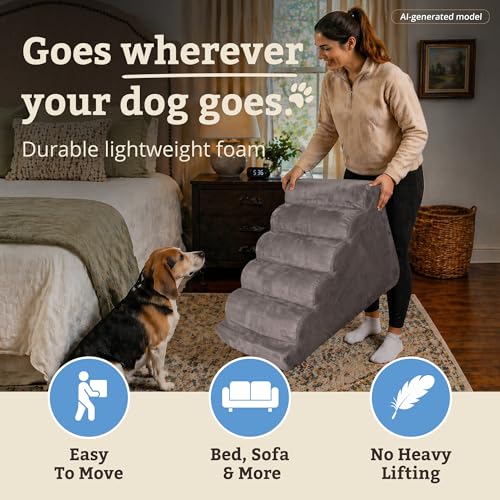 Snoozer Scalloped Pet Stairs for Dogs - Large Foam 5 Step Pet Stairs with Removable, Washable Cover - Secure & Durable 21" H - Lightweight Pet Ramp with 100lbs Capacity - Anthracite