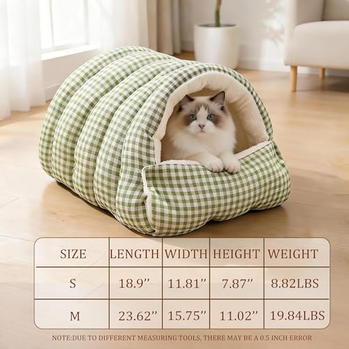 Small Cat Dog Cave Bed Calming Pet Nest Warm Plush Covered Cat House with Hooded Blanket Removable Hooded Blanket Cushion Washable Soft Calming Indoor Cat Bed(Green, Small) - color: Green, size: Small