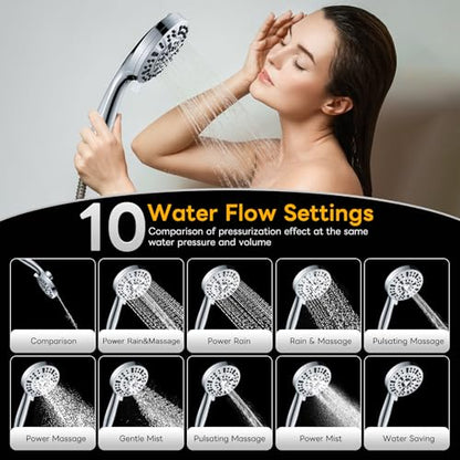 High Pressure 10 Ways Handheld Shower Head Chrome- Anti-clog Nozzles, Built-in Power Wash to Clean Tub, Wall & Overhead Brackets,Magnetitc Rainfall Shower Wand,Built-in 2 Power Jet - color: Chrome