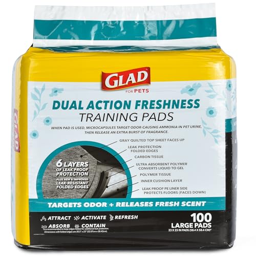 Glad for Pets Dual Action Freshness Activated Carbon Puppy Pads, Fragrance Release, Scented Odor Control, 6-Layer Leak-Proof, Pheromone Attractant, 23 x 23 Inch, 100 Count - size: 100 Count (Pack of 1)