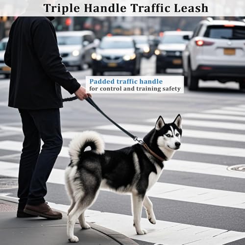 WYuZe 3 Handle Dog Leash for Large Dog 7FT Nylon Bungee Dog Training Leash | Reflective Shock Absorbing Triple Padded Handle Heavy Duty for Medium Dog Traffic Control No Pull Walking Hiking Black - color: Black