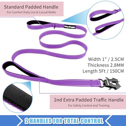 Strong Heavy Duty Dog Leash - 5ft Reflective Nylon Training Leash with Soft Padded Double Handle & Auto Lock Frog Clip, Safety Traffic Control for Large Medium Small Dogs No Pull Walking Purple,5ft - color: Purple, size: 5FT x 1" x 2.8MM