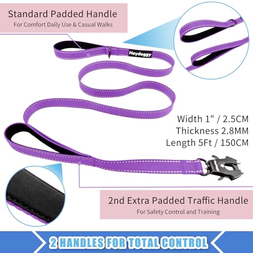Strong Heavy Duty Dog Leash - 5ft Reflective Nylon Training Leash with Soft Padded Double Handle & Auto Lock Frog Clip, Safety Traffic Control for Large Medium Small Dogs No Pull Walking Purple,5ft - color: Purple, size: 5FT x 1" x 2.8MM