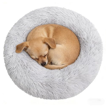 Calming Donut Dog Beds for Small Dogs Cats - Washable Removable Cover Non-Slip Bottom, Round Pet Bed Puppy Bed Warming Fluffy Faux Fur Anti-Anxiety, Fits up to 25 lbs (Light Grey, 23") - color: Light Grey, size: 23"L x 23"W x 8"Th