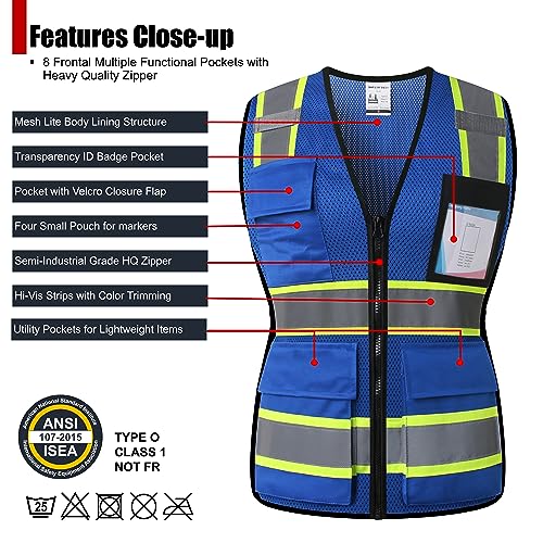 Safety Vest for Women High Visibility Vest with 8 Pockets and Front Zipper Mesh Reflective Vest Meets ANSI/ISEA Standards(Blue-17, Medium) - color: Blue-17, size: Medium