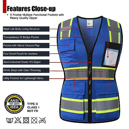 Safety Vest for Women High Visibility Vest with 8 Pockets and Front Zipper Mesh Reflective Vest Meets ANSI/ISEA Standards(Blue-17, Medium) - color: Blue-17, size: Medium