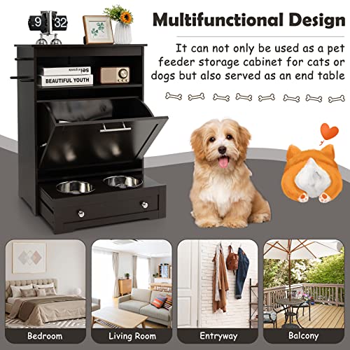 Dog Feeding Station with Double Bowls, Large Pull Out Dog Feeder & Food Storage (Brown) - color: Brown