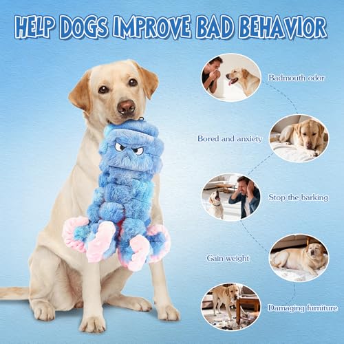 Tough Octopus Dog Toy, Interactive Squeaky & Crinkle Tug of War Toy for Aggressive Chewers, Large Durable Plush Chew Toys to Keep Dogs Busy- Crinkle Octopus, Large (Blue) - color: Blue
