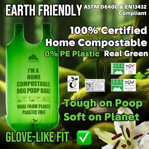 Ultra Thick & Deep RockRhino Dog Poop Bags for Large & XL Breeds | 4-Layer Interlocked Bottom | 100% Home Compostable, 0% Plastic | Vanilla-Scented | 60 Bags, Easy Open Tie Handles, Not for Scooper - size: 60 Count (Pack of 1)