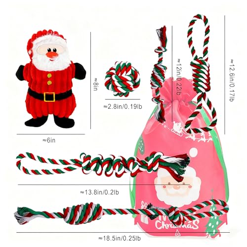 Christmas Dog Toy Set for Medium & Large Dogs - 7pcs Festive Chew Toys (5 Cotton Rope, 1 Squeaky Santa Plush, 1 Gift Bag) | Safe Durable Teeth Cleaning Holiday Dog Gifts for Heavy Chewers - color: Christmas
